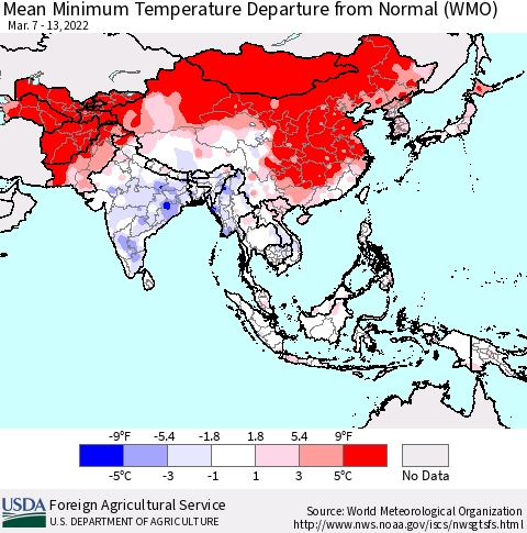 Asia Mean Minimum Temperature Departure from Normal (WMO) Thematic Map For 3/7/2022 - 3/13/2022
