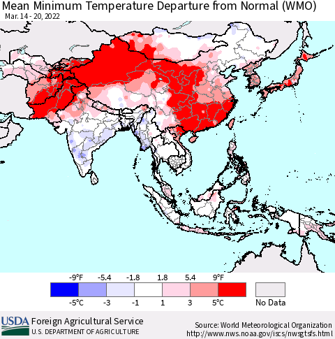 Asia Mean Minimum Temperature Departure from Normal (WMO) Thematic Map For 3/14/2022 - 3/20/2022