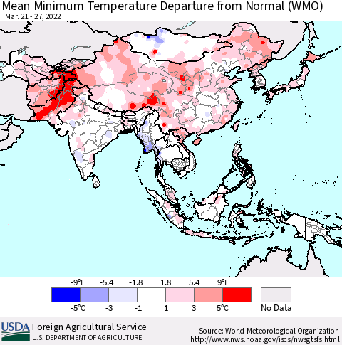 Asia Mean Minimum Temperature Departure from Normal (WMO) Thematic Map For 3/21/2022 - 3/27/2022