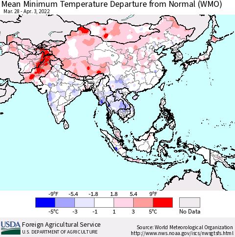 Asia Mean Minimum Temperature Departure from Normal (WMO) Thematic Map For 3/28/2022 - 4/3/2022
