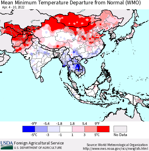 Asia Mean Minimum Temperature Departure from Normal (WMO) Thematic Map For 4/4/2022 - 4/10/2022