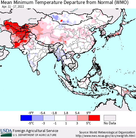 Asia Mean Minimum Temperature Departure from Normal (WMO) Thematic Map For 4/11/2022 - 4/17/2022
