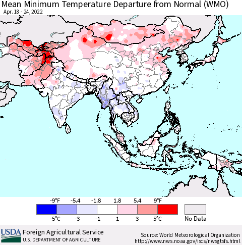 Asia Mean Minimum Temperature Departure from Normal (WMO) Thematic Map For 4/18/2022 - 4/24/2022
