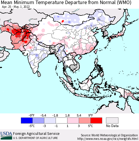 Asia Mean Minimum Temperature Departure from Normal (WMO) Thematic Map For 4/25/2022 - 5/1/2022
