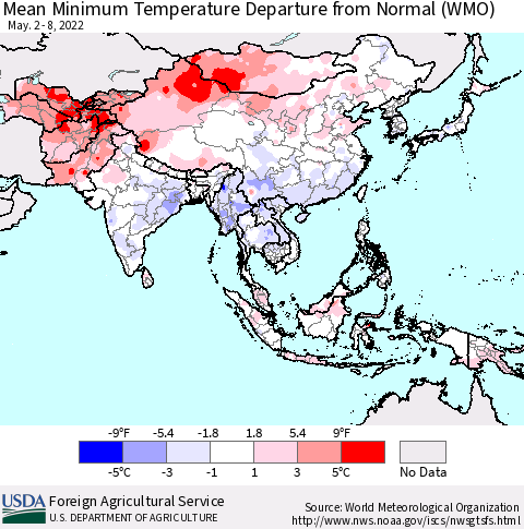 Asia Mean Minimum Temperature Departure from Normal (WMO) Thematic Map For 5/2/2022 - 5/8/2022