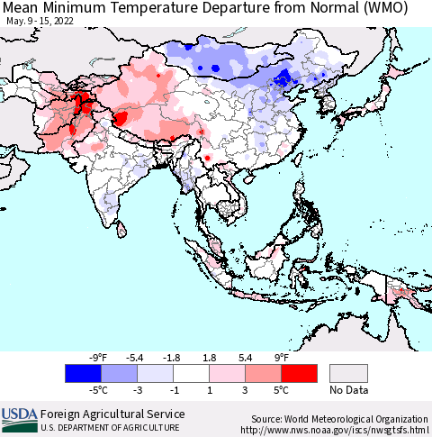 Asia Mean Minimum Temperature Departure from Normal (WMO) Thematic Map For 5/9/2022 - 5/15/2022