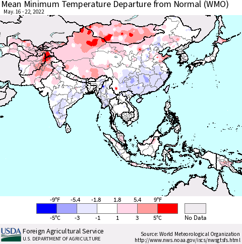 Asia Mean Minimum Temperature Departure from Normal (WMO) Thematic Map For 5/16/2022 - 5/22/2022