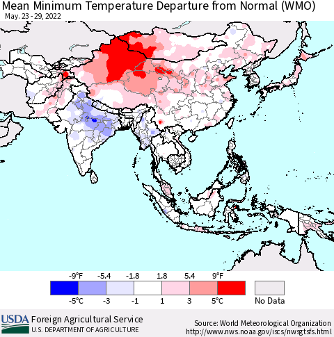 Asia Mean Minimum Temperature Departure from Normal (WMO) Thematic Map For 5/23/2022 - 5/29/2022