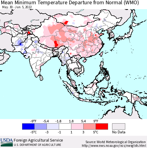 Asia Mean Minimum Temperature Departure from Normal (WMO) Thematic Map For 5/30/2022 - 6/5/2022