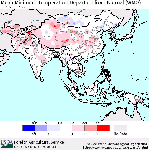 Asia Mean Minimum Temperature Departure from Normal (WMO) Thematic Map For 6/6/2022 - 6/12/2022