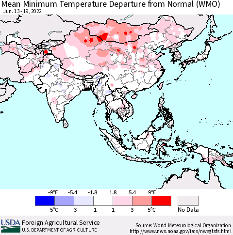 Asia Mean Minimum Temperature Departure from Normal (WMO) Thematic Map For 6/13/2022 - 6/19/2022