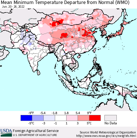 Asia Mean Minimum Temperature Departure from Normal (WMO) Thematic Map For 6/20/2022 - 6/26/2022