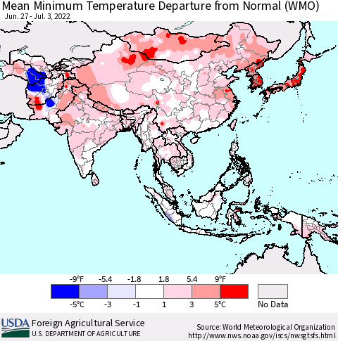 Asia Mean Minimum Temperature Departure from Normal (WMO) Thematic Map For 6/27/2022 - 7/3/2022