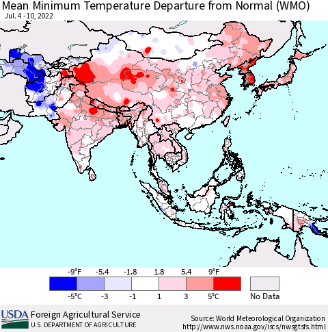 Asia Mean Minimum Temperature Departure from Normal (WMO) Thematic Map For 7/4/2022 - 7/10/2022