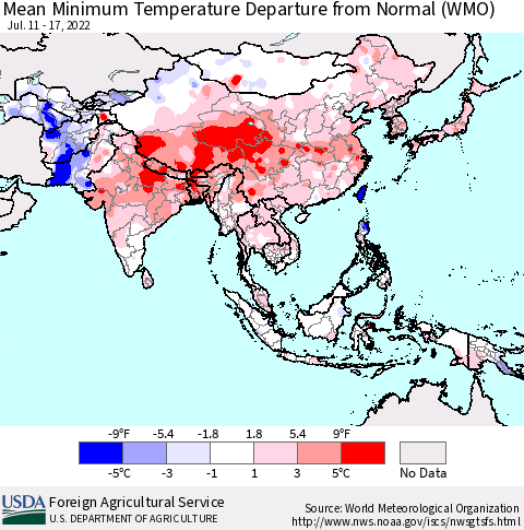 Asia Mean Minimum Temperature Departure from Normal (WMO) Thematic Map For 7/11/2022 - 7/17/2022