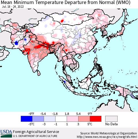 Asia Mean Minimum Temperature Departure from Normal (WMO) Thematic Map For 7/18/2022 - 7/24/2022