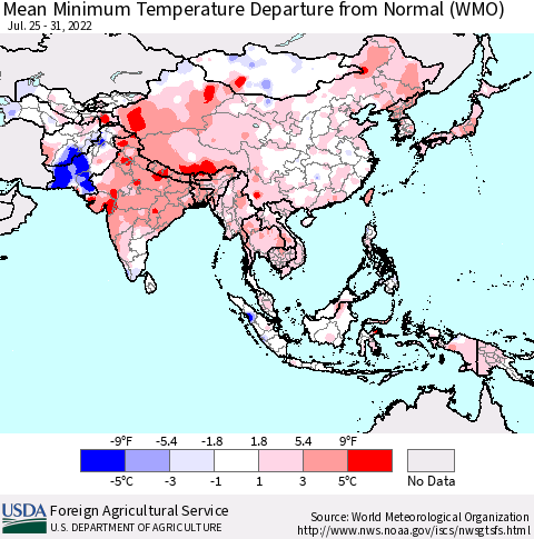 Asia Mean Minimum Temperature Departure from Normal (WMO) Thematic Map For 7/25/2022 - 7/31/2022