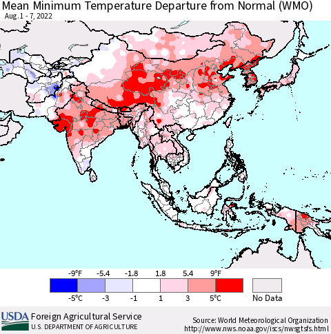 Asia Mean Minimum Temperature Departure from Normal (WMO) Thematic Map For 8/1/2022 - 8/7/2022