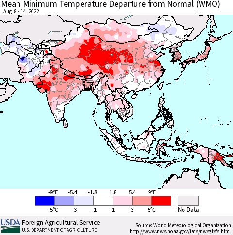 Asia Mean Minimum Temperature Departure from Normal (WMO) Thematic Map For 8/8/2022 - 8/14/2022