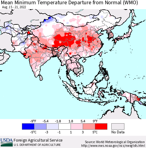 Asia Mean Minimum Temperature Departure from Normal (WMO) Thematic Map For 8/15/2022 - 8/21/2022