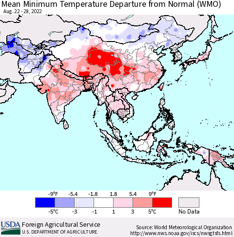 Asia Mean Minimum Temperature Departure from Normal (WMO) Thematic Map For 8/22/2022 - 8/28/2022