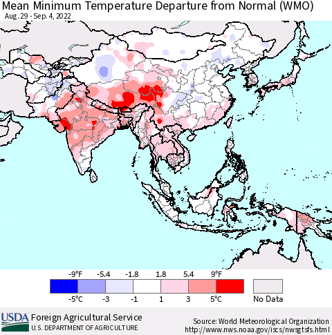 Asia Mean Minimum Temperature Departure from Normal (WMO) Thematic Map For 8/29/2022 - 9/4/2022