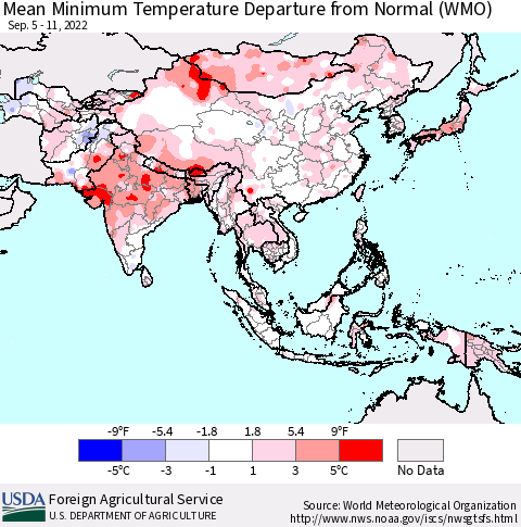 Asia Mean Minimum Temperature Departure from Normal (WMO) Thematic Map For 9/5/2022 - 9/11/2022