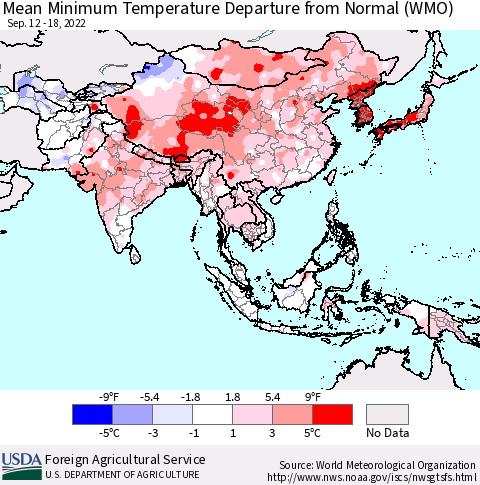 Asia Mean Minimum Temperature Departure from Normal (WMO) Thematic Map For 9/12/2022 - 9/18/2022