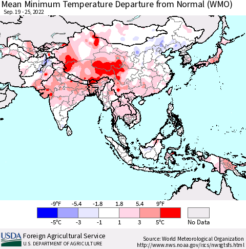 Asia Mean Minimum Temperature Departure from Normal (WMO) Thematic Map For 9/19/2022 - 9/25/2022