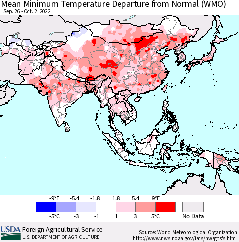 Asia Mean Minimum Temperature Departure from Normal (WMO) Thematic Map For 9/26/2022 - 10/2/2022