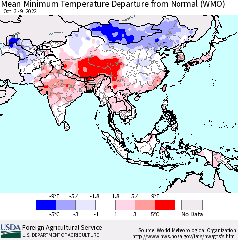 Asia Mean Minimum Temperature Departure from Normal (WMO) Thematic Map For 10/3/2022 - 10/9/2022