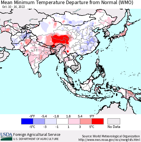 Asia Mean Minimum Temperature Departure from Normal (WMO) Thematic Map For 10/10/2022 - 10/16/2022