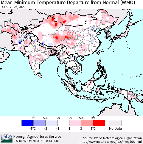 Asia Mean Minimum Temperature Departure from Normal (WMO) Thematic Map For 10/17/2022 - 10/23/2022