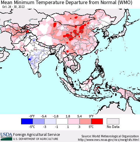 Asia Mean Minimum Temperature Departure from Normal (WMO) Thematic Map For 10/24/2022 - 10/30/2022