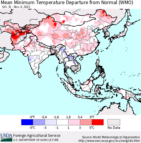 Asia Mean Minimum Temperature Departure from Normal (WMO) Thematic Map For 10/31/2022 - 11/6/2022