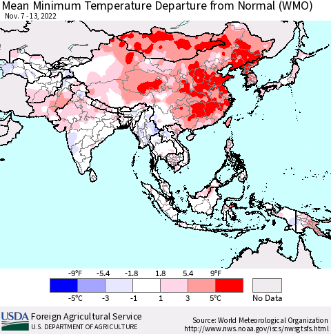 Asia Mean Minimum Temperature Departure from Normal (WMO) Thematic Map For 11/7/2022 - 11/13/2022
