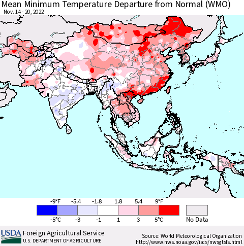 Asia Mean Minimum Temperature Departure from Normal (WMO) Thematic Map For 11/14/2022 - 11/20/2022