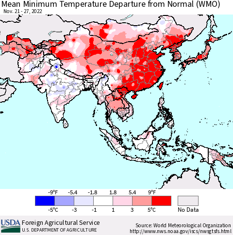 Asia Mean Minimum Temperature Departure from Normal (WMO) Thematic Map For 11/21/2022 - 11/27/2022