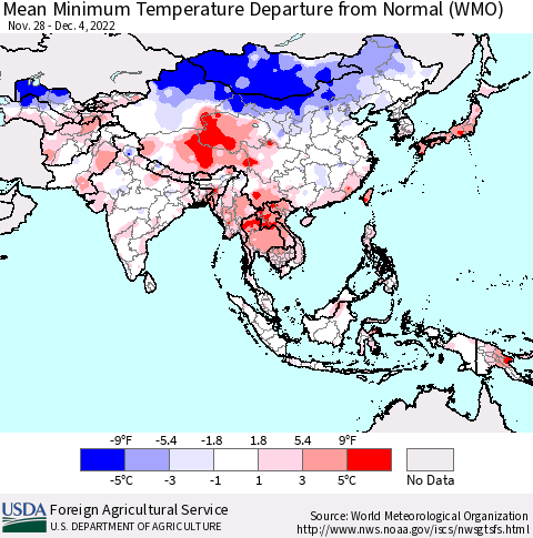 Asia Mean Minimum Temperature Departure from Normal (WMO) Thematic Map For 11/28/2022 - 12/4/2022