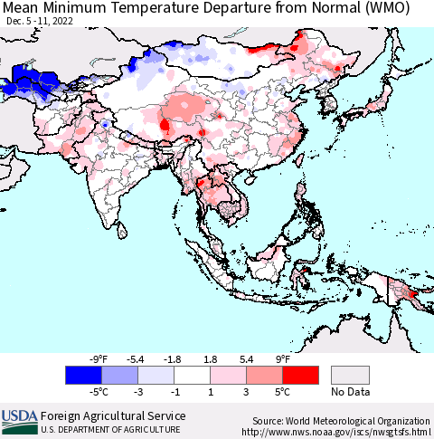 Asia Mean Minimum Temperature Departure from Normal (WMO) Thematic Map For 12/5/2022 - 12/11/2022