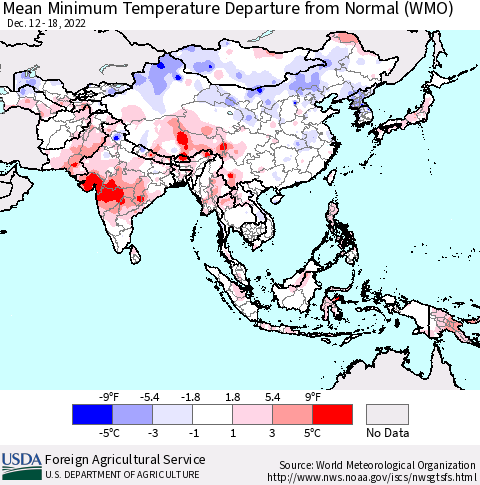 Asia Mean Minimum Temperature Departure from Normal (WMO) Thematic Map For 12/12/2022 - 12/18/2022