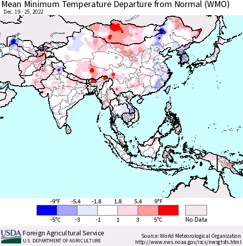 Asia Mean Minimum Temperature Departure from Normal (WMO) Thematic Map For 12/19/2022 - 12/25/2022