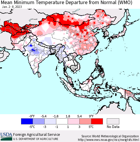 Asia Mean Minimum Temperature Departure from Normal (WMO) Thematic Map For 1/2/2023 - 1/8/2023