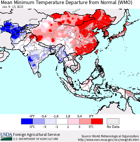 Asia Mean Minimum Temperature Departure from Normal (WMO) Thematic Map For 1/9/2023 - 1/15/2023