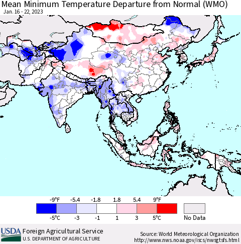 Asia Mean Minimum Temperature Departure from Normal (WMO) Thematic Map For 1/16/2023 - 1/22/2023