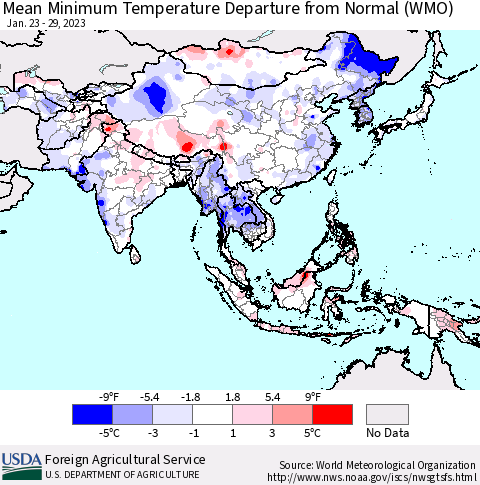 Asia Mean Minimum Temperature Departure from Normal (WMO) Thematic Map For 1/23/2023 - 1/29/2023