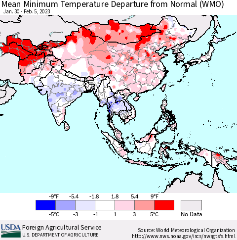 Asia Mean Minimum Temperature Departure from Normal (WMO) Thematic Map For 1/30/2023 - 2/5/2023