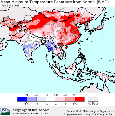 Asia Mean Minimum Temperature Departure from Normal (WMO) Thematic Map For 2/6/2023 - 2/12/2023