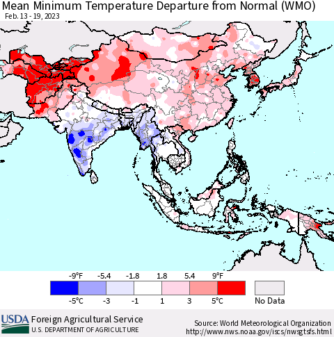 Asia Mean Minimum Temperature Departure from Normal (WMO) Thematic Map For 2/13/2023 - 2/19/2023