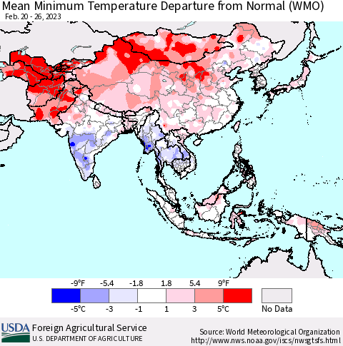 Asia Mean Minimum Temperature Departure from Normal (WMO) Thematic Map For 2/20/2023 - 2/26/2023